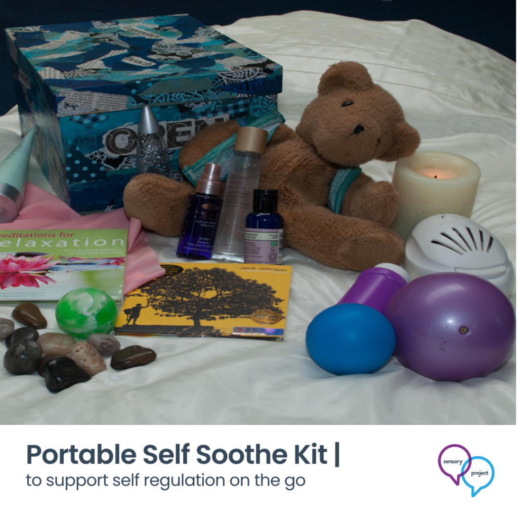 an image of sensory items including a teddy, CD, stones, stress bal, smells, a candle and creams - as an illustration of items for a portable self soothe kit